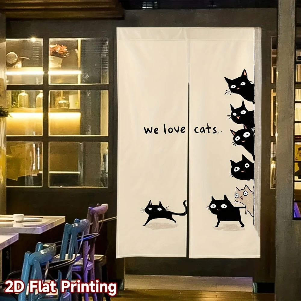 VIKAMA “Little Black Cat” Japanese-Style Door Curtain with Logo Japanese Style Half Door Curtain, Noren Curtain for Kitchen