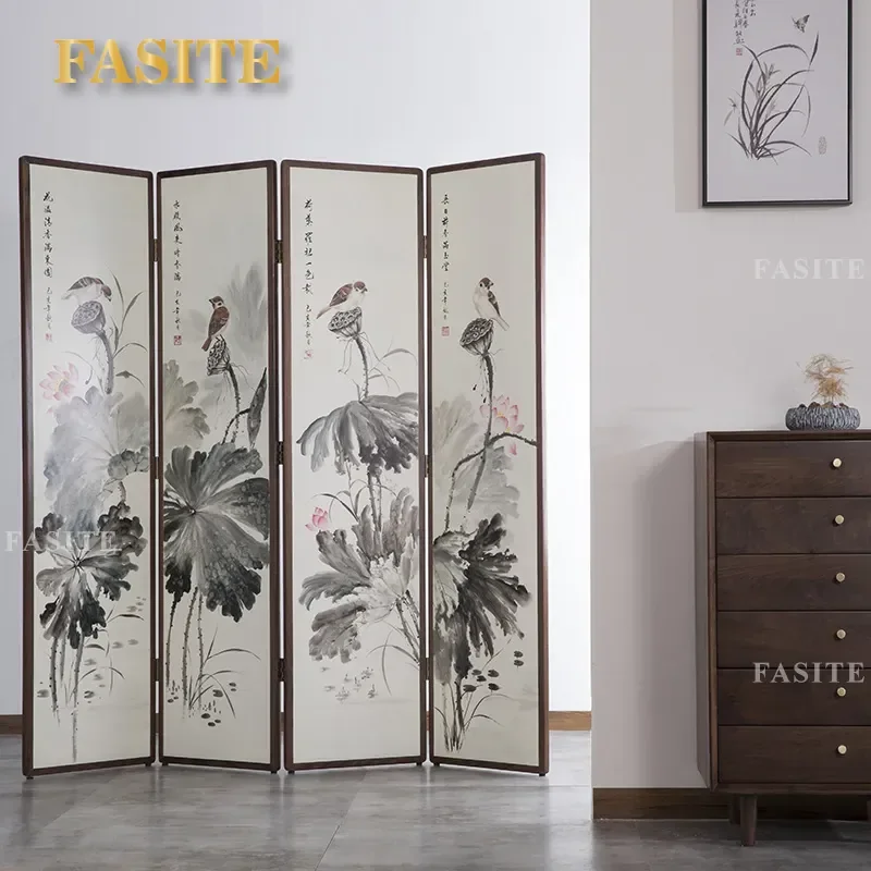 For New Chinese Style Black Walnut Solid Wood Zen Screen Lacquer Painting Folding Partition Room Divider Entrance Decor