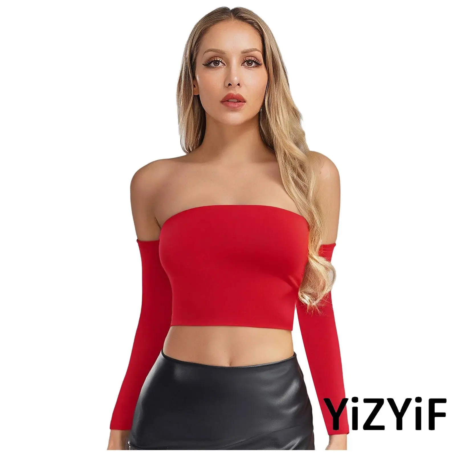 

Women Sexy Hot Solid Off-shoulder Sleeved Slim Fit Crop Tops Tube Strapless Vest Party Tops for Banquet Cocktail Party Clubwear