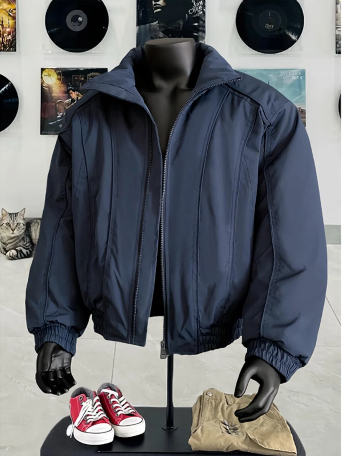 American Sle Pilot Jaet in k Blue Cotton Men's Winter Trimmed Patchwork Outer Coat with Cotton Insert Stand Collar