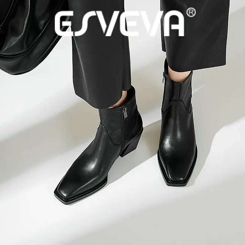 ESVEVA 2027 Fashion Genuine Leather Sexy Women Ankle Boots High Heels Winter Woman Shoes Zipper Autumn Modern Short Boots 34-40