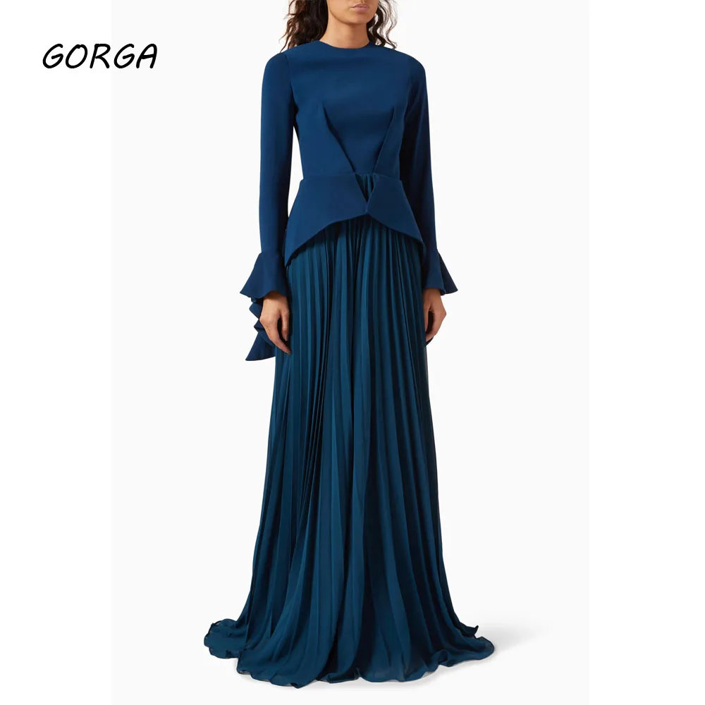 

GORGA Индивидуальное темно-синее креповое вечернее платье с круглым вырезом, тонкое шифоновое платье трапециевидной формы с рюшами для выпускного вечера 2025, вечернее платье с длинными рукавами