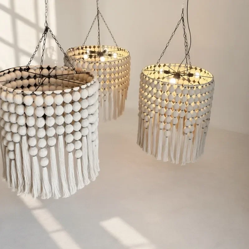 Ethnic style fringed chandelier, cream color, creating a warm home atmosphere, art decoration