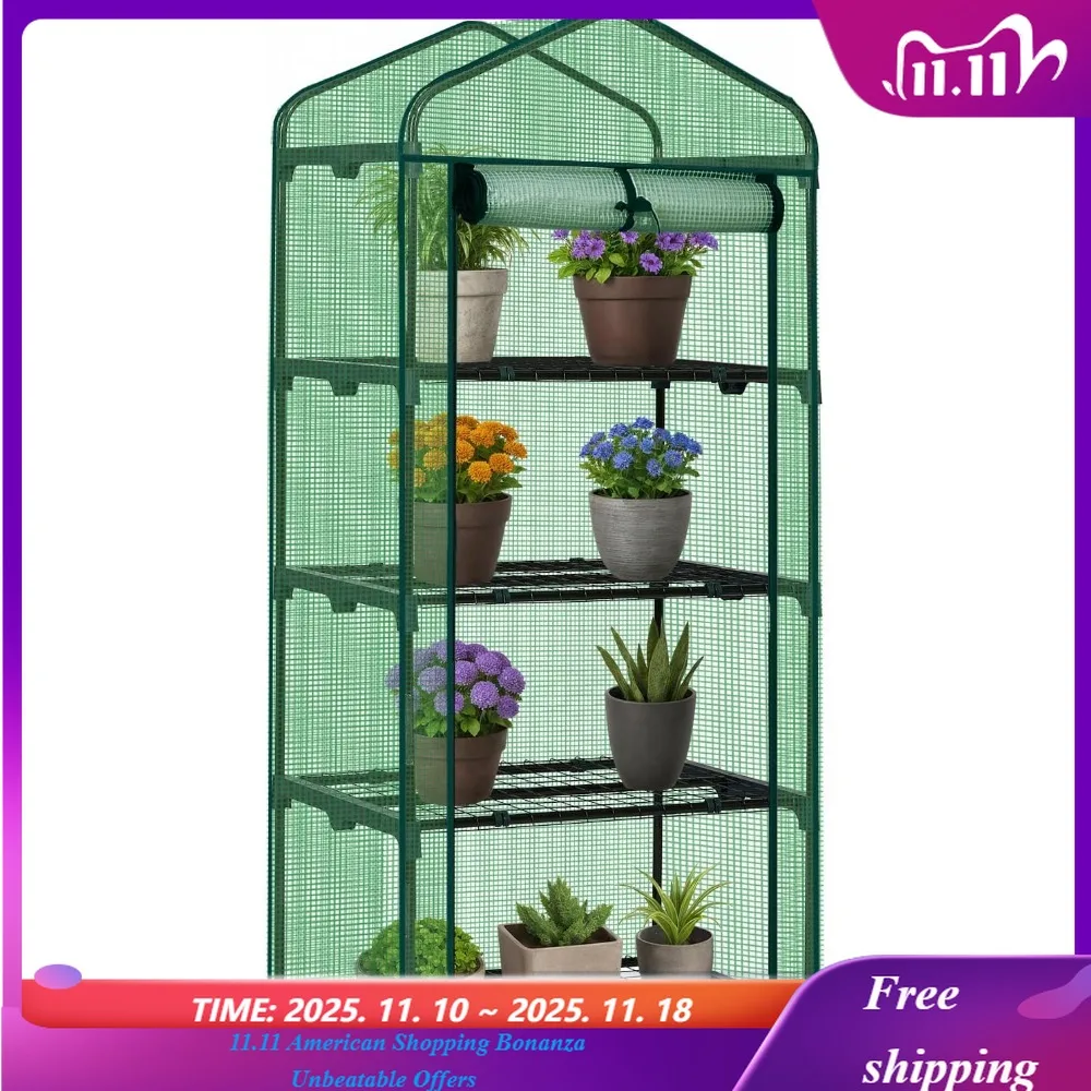

Мини-теплица, небольшой полиэтиленовый зеленый домик с 4-х ярусной стойкой, зажимами для полок, подвижной молнией, садовые принадлежности