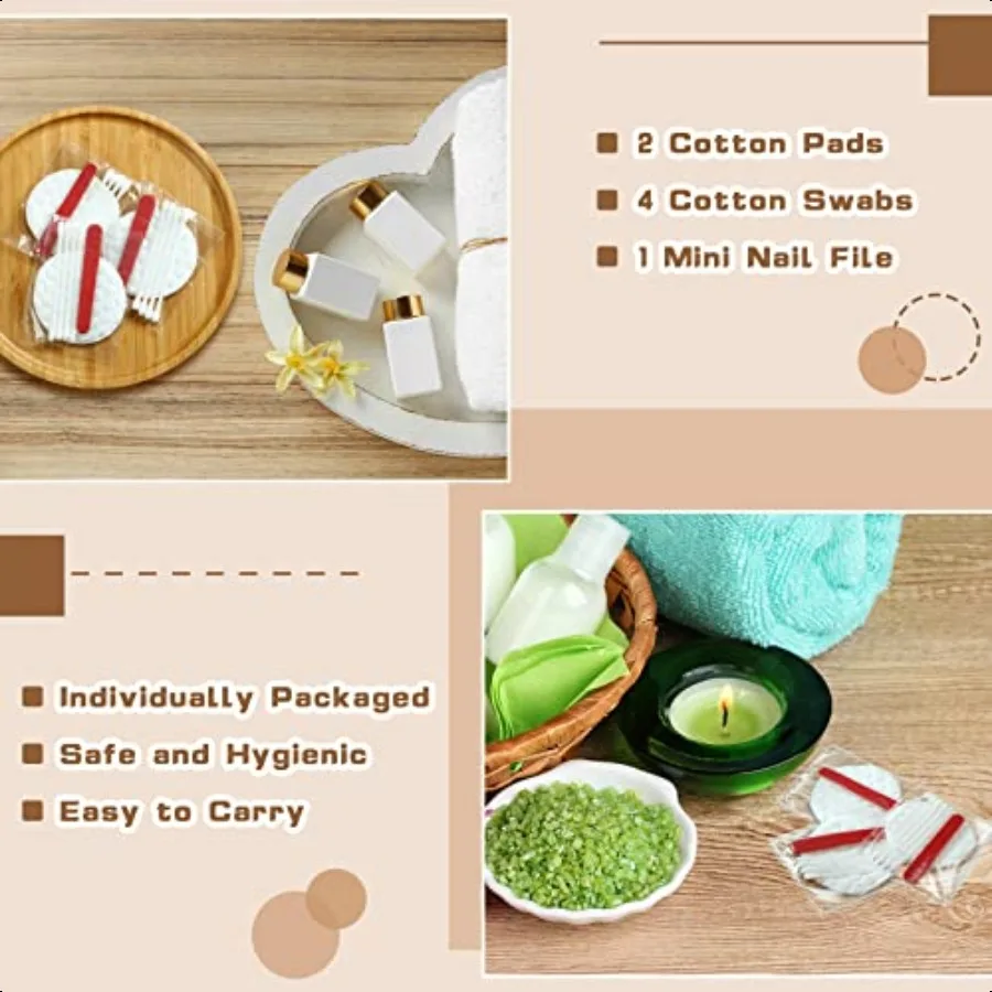 100개 호텔 세면도구 키트 개별 포장 호텔 어메니티 여행용 크기 호스피탈리티 패드 각 2개의 화장솜 패드와 4개의 티슈 포함