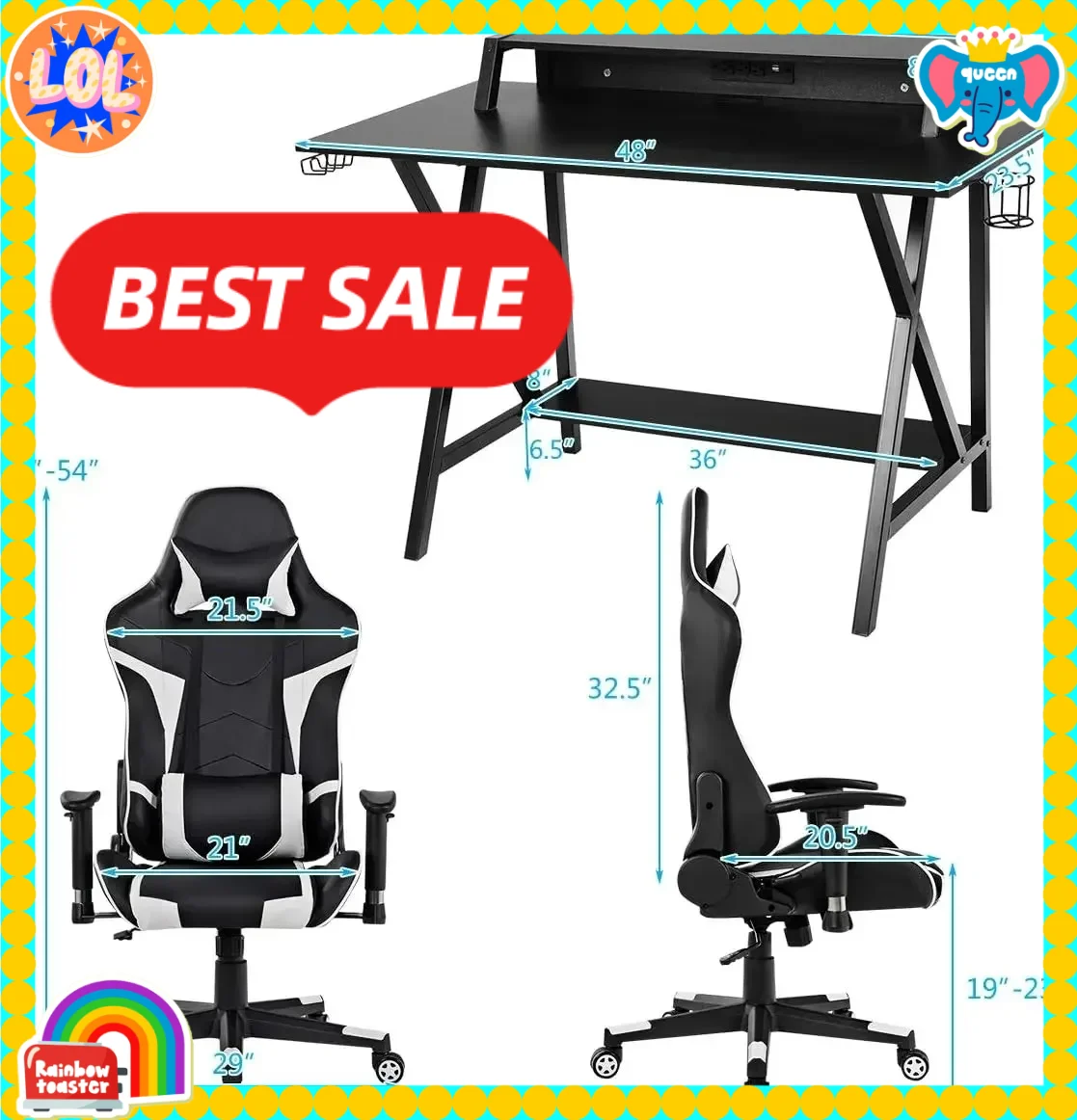 

Gaming Desk and Chair Set, Ergonomic E-Sport Gamer Desk & Racing Chair Set w/Cup Holder, Monitor Stand, Earphone Hook,