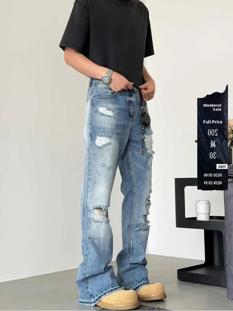 

Blue Faded Jeans High Waist Straight Leg Jeans Summer Slimming Long Pants Torn Hole Micro Flared Frayed Casual Jeans
