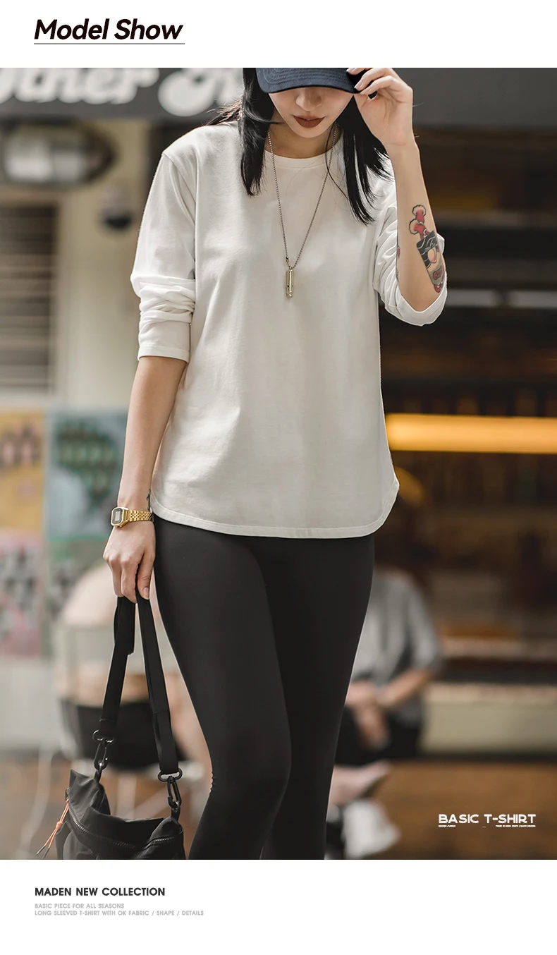 Maden Long Sleeve Basic T-Shirt for Women Round Collar Cotton Tops Loose Fit Solid Color Tees Oversized T-shirts