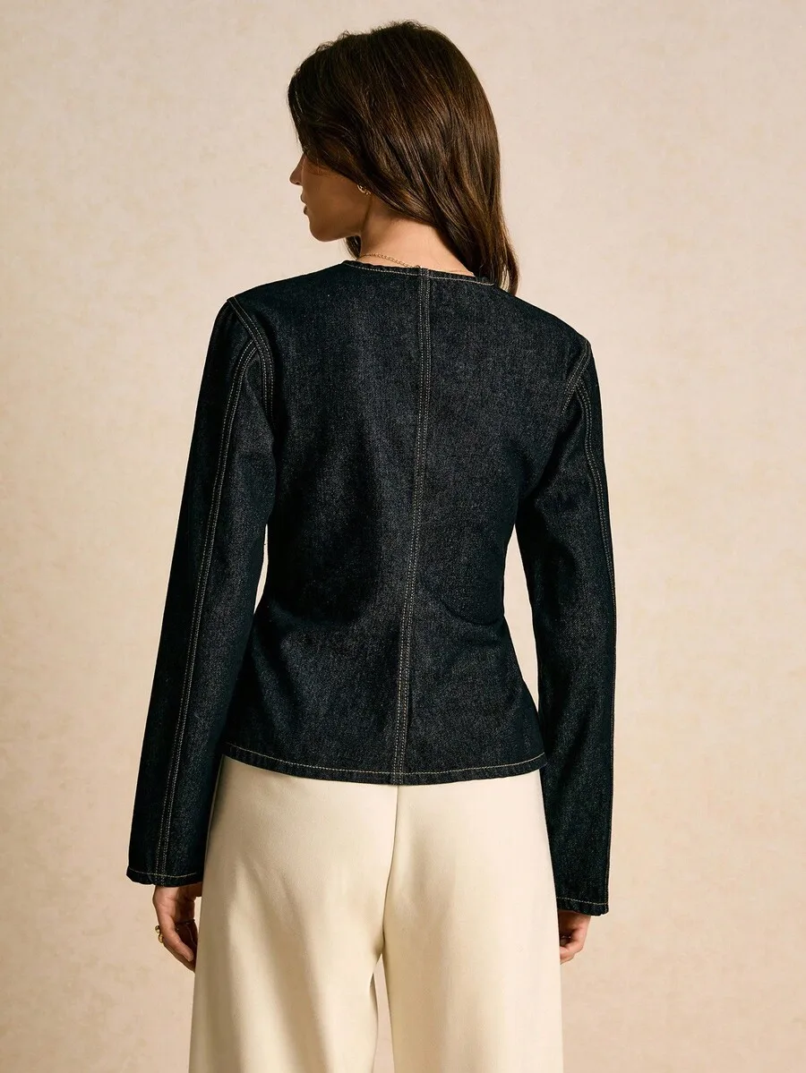 

Womens Denim Cropped Blazer Long Sleeve Casual Outerwear Jacket