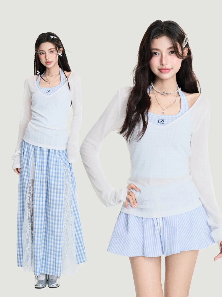 

Комплект из облегающего топа и футболки с длинным рукавом в стиле Sweet And Spicy, с сетчатой накидкой, летняя повседневная одежда для женщин, дизайн U Ne.