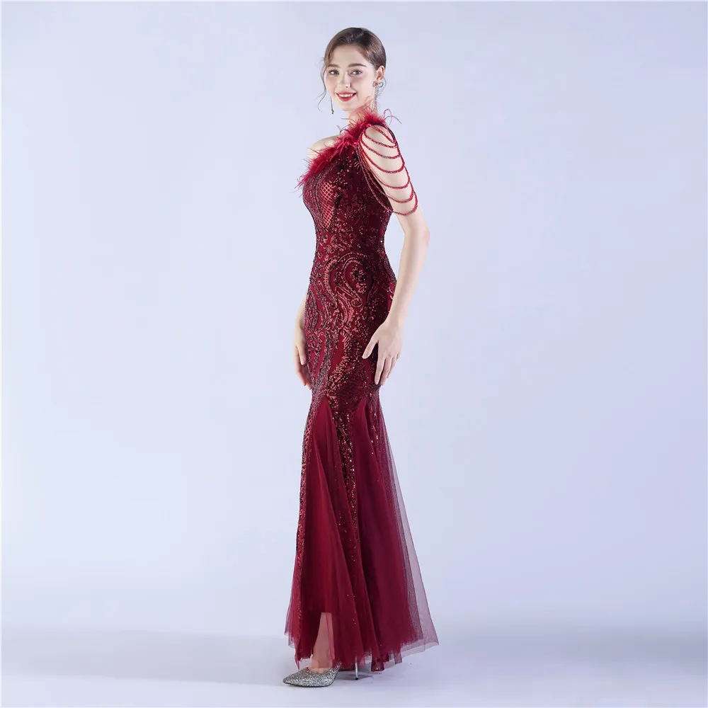 DEERVEADO One Shoulder Mermaid Sequins Evening Dress Elegant for Woman Formal Party Maxi Dress Special Occasion Dress Prom Gown