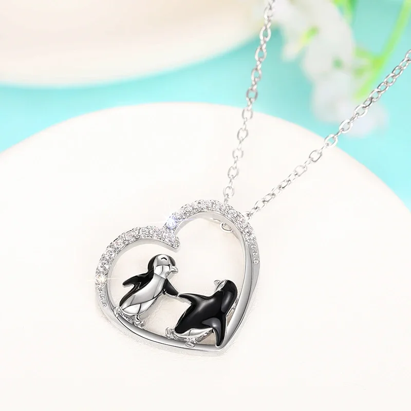 CAOSHI Lovely Penguin Pendant Necklace for Women Delicate Animal Jewelry with Bright Zirconia Heart Shape Accessories for Lady