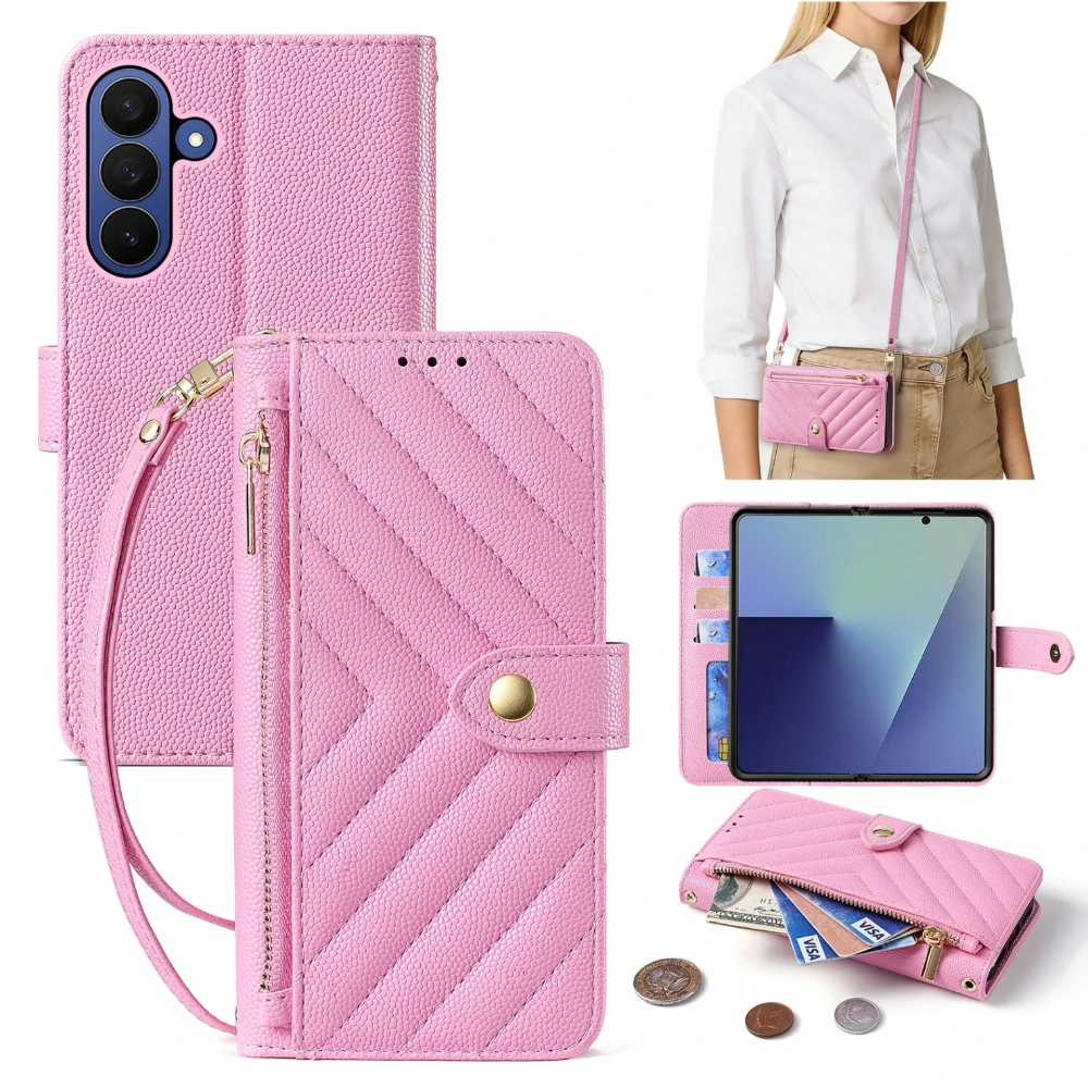 For Samsung Galaxy ZFold8 Ultra ZFold7 Wallet Flip Leather Case Zipper Card Slots Cash Holder Wrist Strap Protective Phone Cover