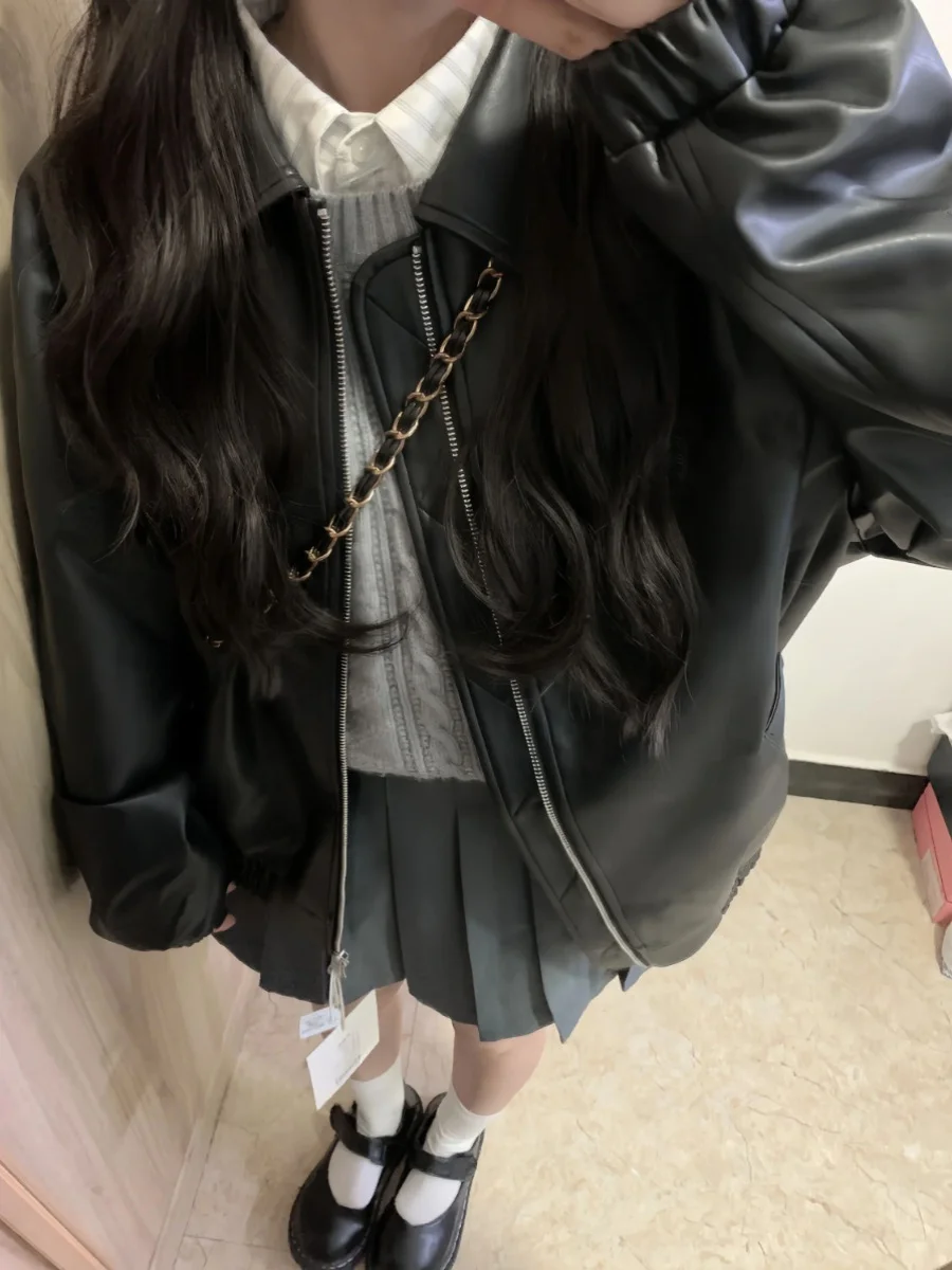 Large Size Retro Hong Kong Style Black PU Leather Jacket Women's Spring Autumn New Style Versatile Loose Fit Baseball Coat