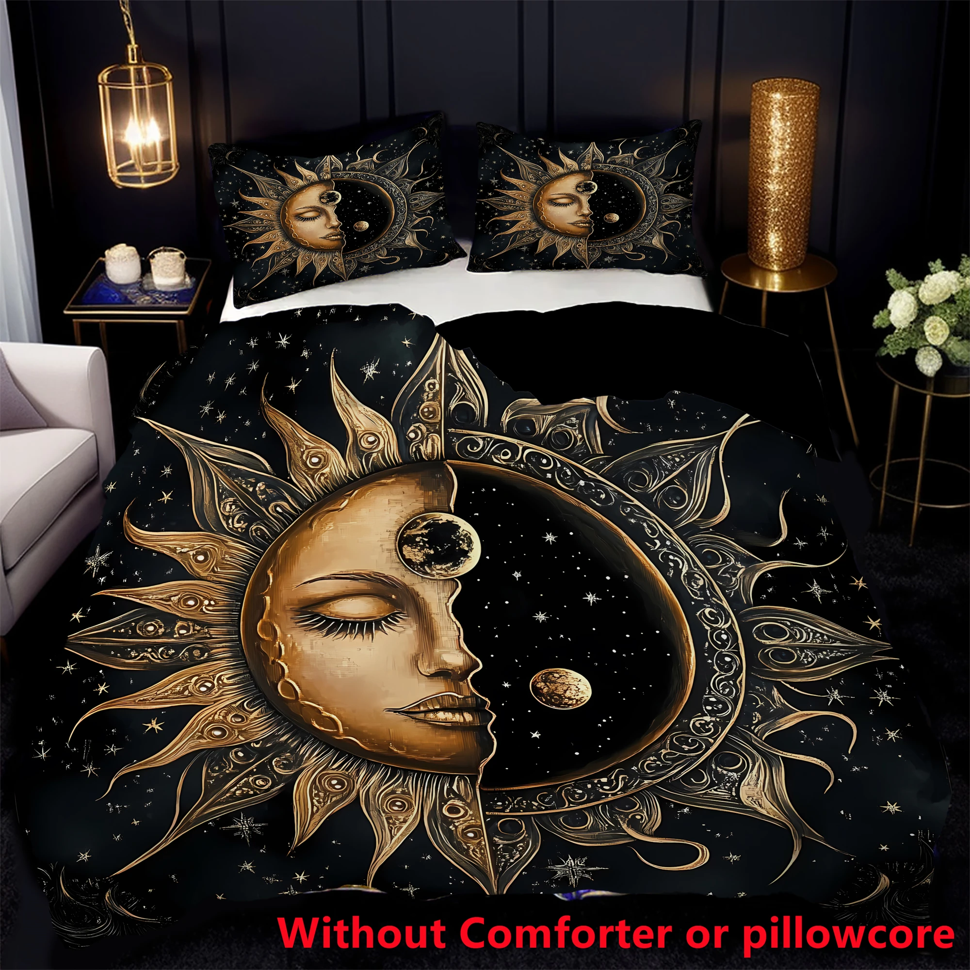 

3D Print Celestial Sun Moon Stars Duvet Cover Set Golden Printed Bedding Set For Home Psychedelic Design Decor Quilt Covers
