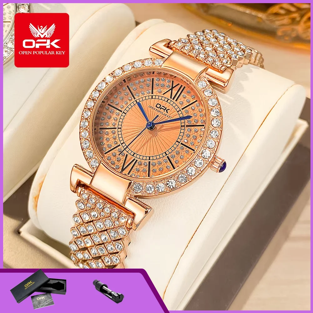 OPK 8618 Full Diamond Quartz Watches for Women Solid Steel Strap Waterproof Ultra Thin 6mm Elegant Ladies Dress Wristwatches