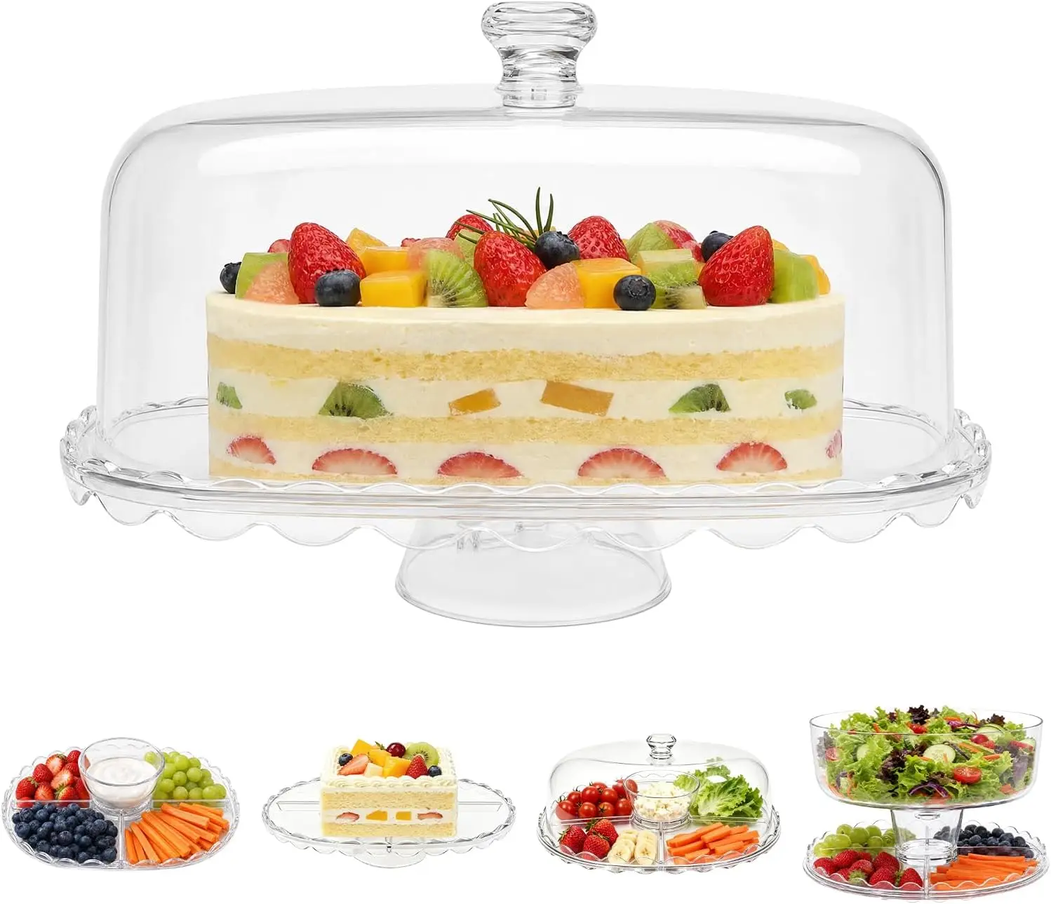 14.8-Inch Oval Acrylic Cake Stand with Lid, 6-in-1 Serving Stand for Dessert, Cookies, Fruit, Salad, Chips & Dip, Great for Part
