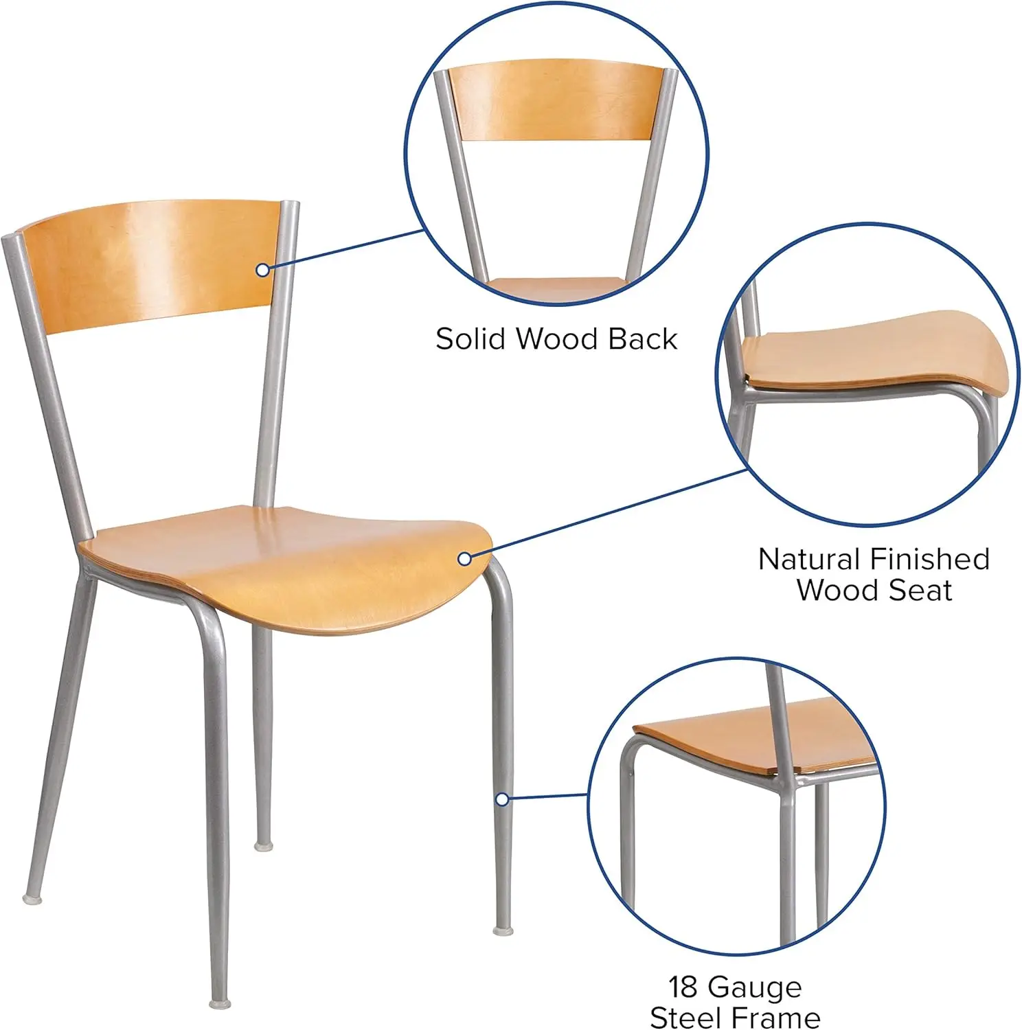 Silver Metal Restaurant Chair With Natural Wood Back & Seat