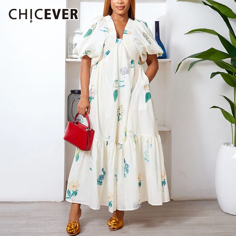 CHICEVER Vocation Printing A Line Dress for Women V Neck Puff Sleeve High Waist Loose Casual Style Midi Dresses Female Fashion