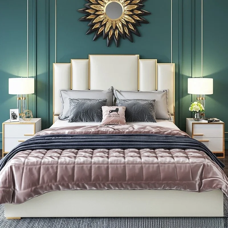 Light luxury bed Italian double leather art bed luxury villa beige high backrest