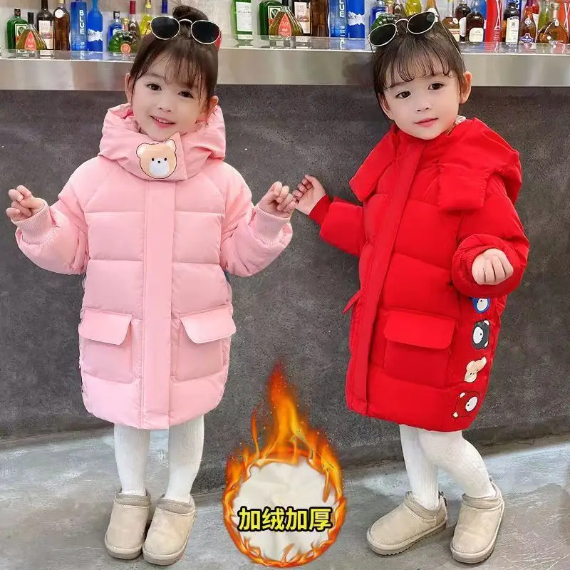 3-8Y Girls Jacket 2024 Winter Long Cartoon Bear Pattern Lining Plush Thicken Warm Outwear For Girls Down Cotton Hooded Overcoat