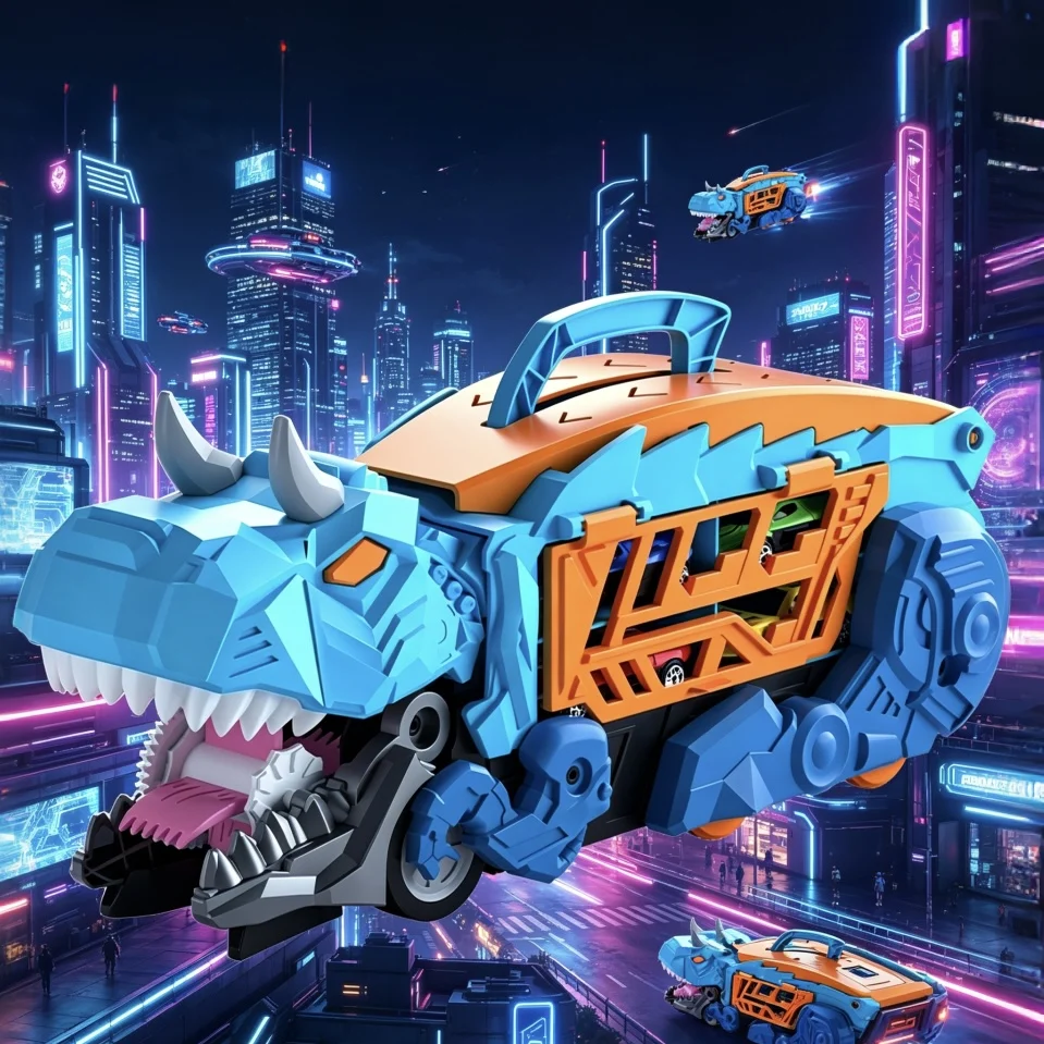 

This dinosaur transport truck can fold and slide into a track, transforming six alloy vehicles into a standing Tyrannosaurus Rex