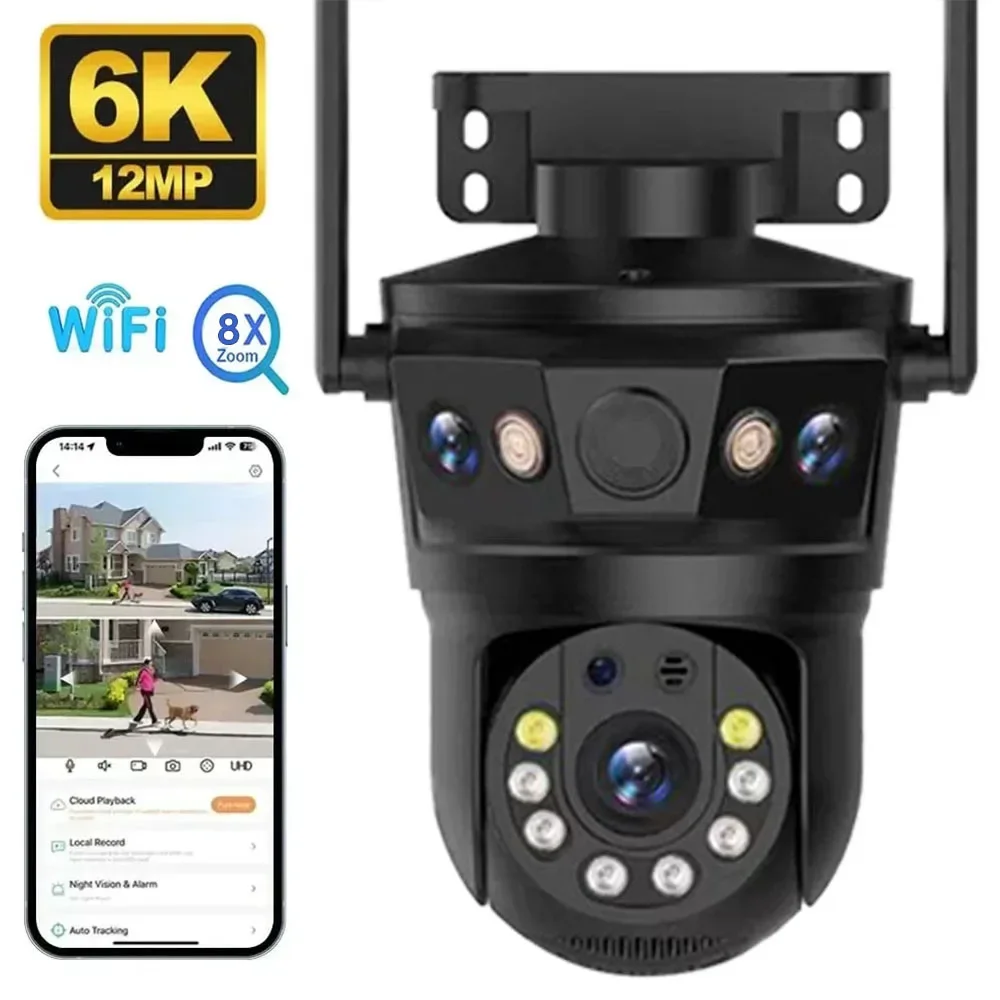 

6K 12MP WiFi IP Camera Outdoor Three Screen View PTZ Surveillance Cameras Motion Detection P2P Security Protection Surveillance