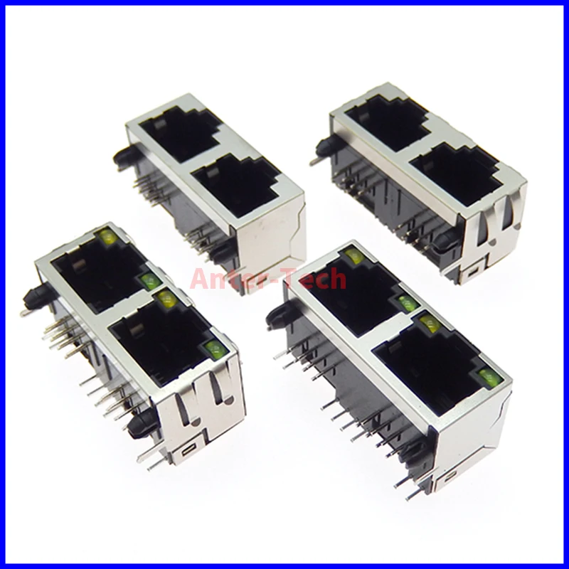 1PCS 1*2 RJ45 metal 16 pin female PCB board jack connector 8P8C crystal header socket 1x2 with/without light network interface