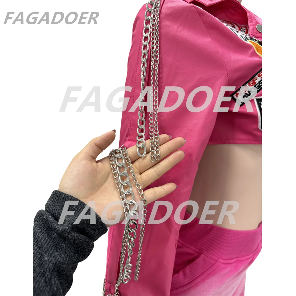 FAGADOER Y2K Rose Pink Leather Jacket Women Punk Moto Coat Lapel Chain Patchwork Cropped Jackets Hot Girl Autumn Winter Outwear