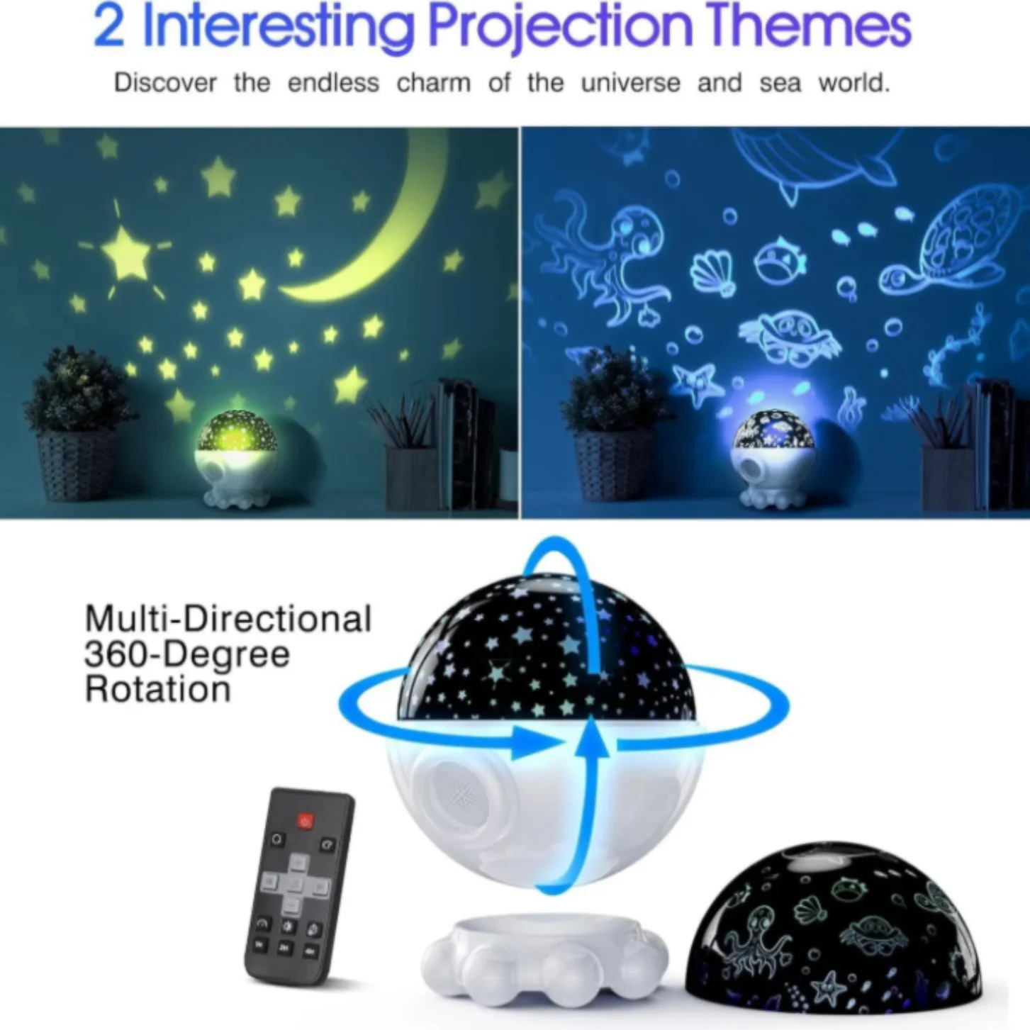 الأخطبوط السماء المرصعة بالنجوم الإسقاط الغلاف الجوي ضوء USB قابلة للشحن 360 °   ضوء ليلي لجهاز عرض دوار مع صندوق موسيقى كهدية للأطفال