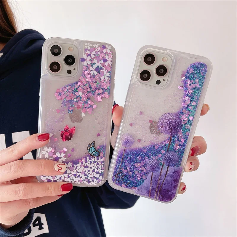 Dandelion Floral Quicksand for iPhone 15 Pro 14 13 16 Pro Max Phone Case Purple Moving Sand Heart Flakes Soft Cover Clear Shell