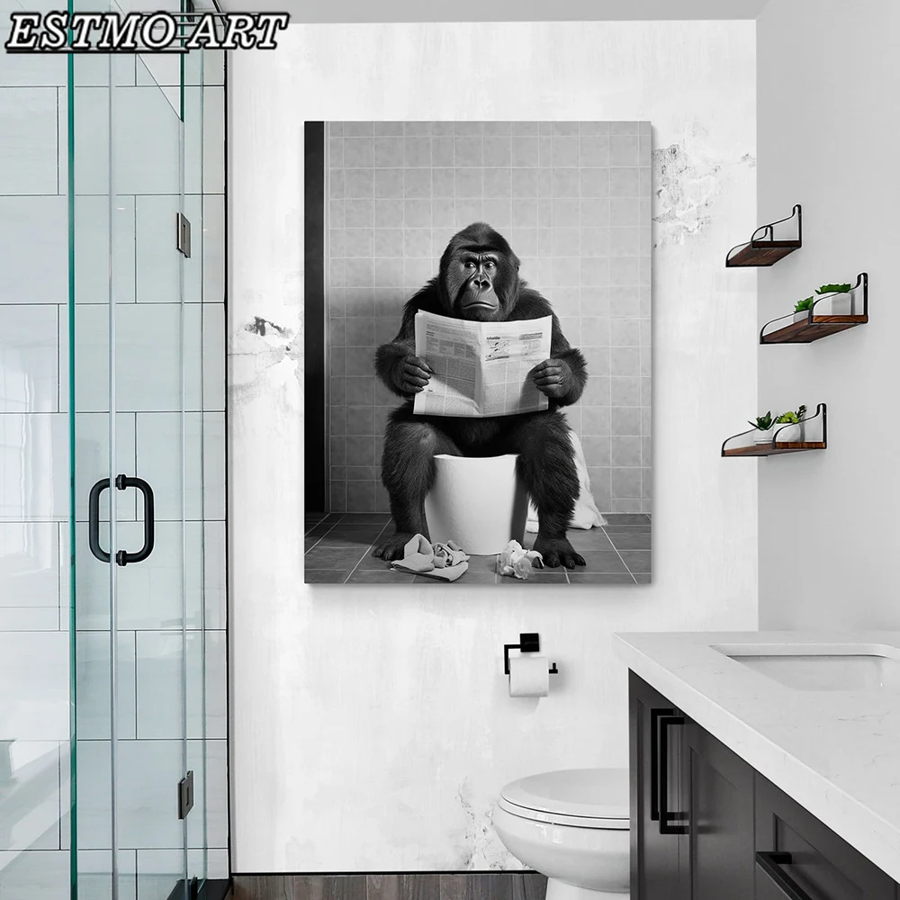 Canvas Painting Wall Art Black and White Chimpanzee Toilet Read The Newspaper HD Animal Poster and Prints Aesthetic Room Decor