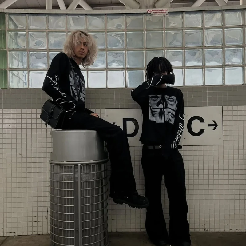 2000s Punk Retro Hip Hop Street Cool Letter Printed T-Shirt Fashion Round Neck Long-Sleeve Casual Sport Couple Versatile Top 90s