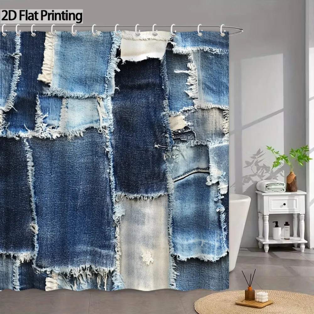 1pc Denim Patchwork Shower Curtain - Vintage Rustic Farmhouse Bath Curtain with 12 Hooks, Patchwork Panel (Denim Fabric), Bathtu