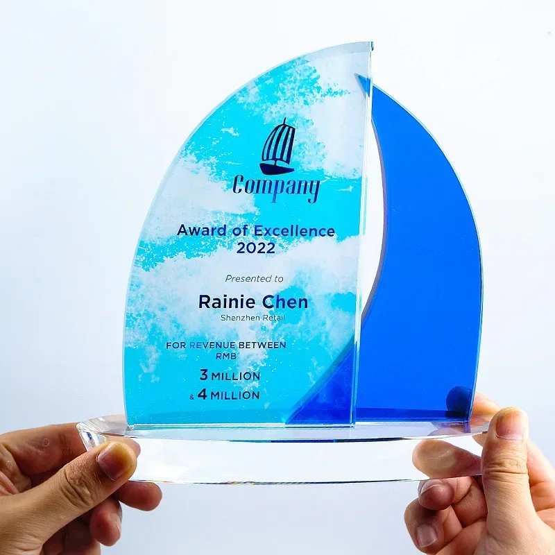 Customized Sailboat Award Color Printing, Crystal Trophy Enterprise Excellent Employee Home Decoration Honor Lettering Medal 1Pc