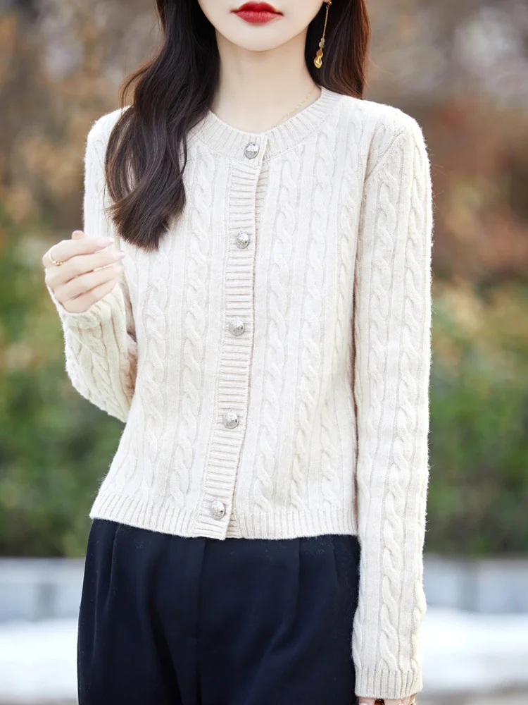 2024 Autumn Winter Korean Twist Women Cashmere Sweater 100% Merino Wool Knitted Button-Up Cardigan Temperament Long-Sleeved Top
