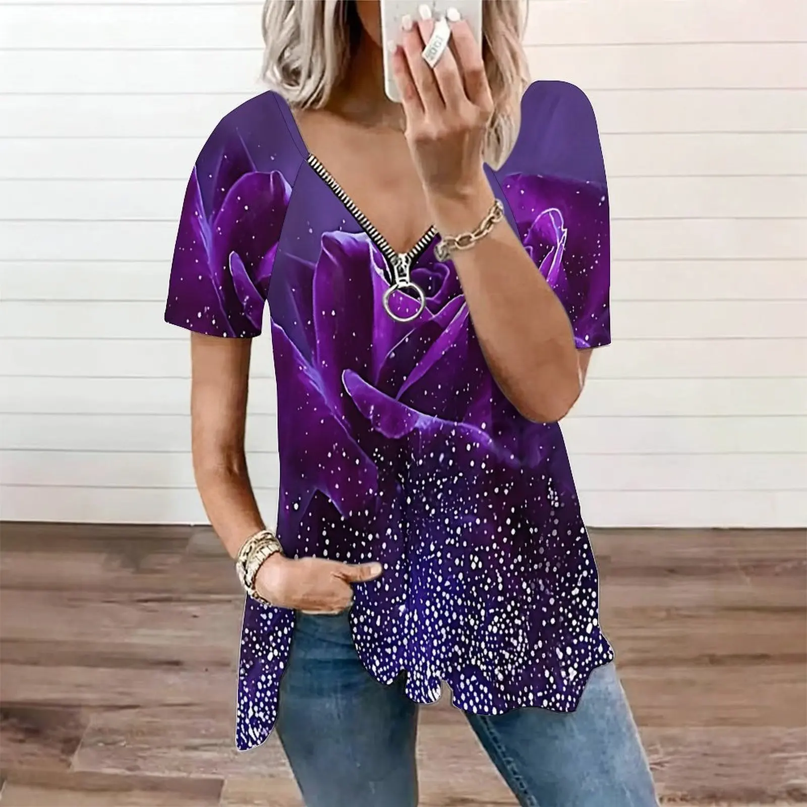 Women Floral Print Zip V Neck Irregular Hem Short Sleeve Casual Tunic Tops