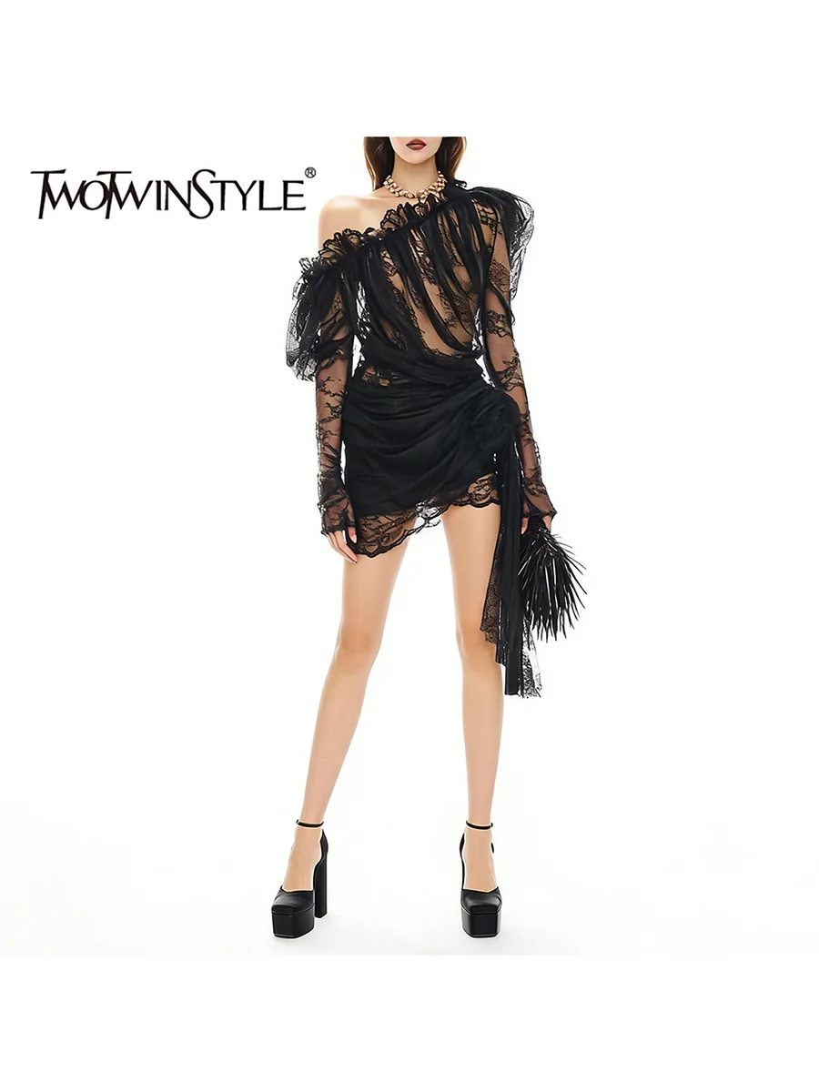 

TWOTWINSTYLE Solid Patchwork Tassels Dresses for Women Diagonal Collar Long Sleeve High Waist Lace Slimming Dress Female Fashion