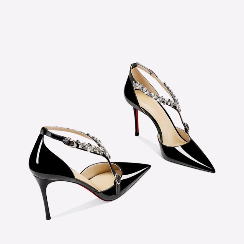 

Black rhinestone high-heeled shoes for women 2025 new summer style pointed thin heel straight buckle strap sexy sandals