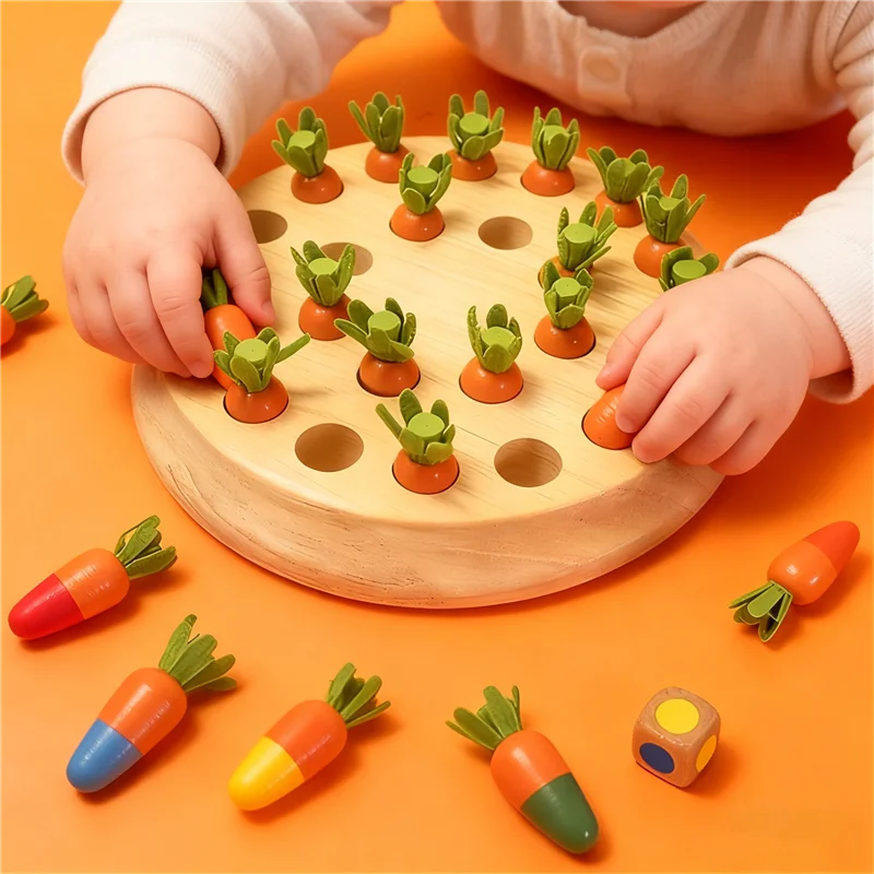 Drewniana gra w szachy w kształcie marchewki z kolorową planszą i układanką. Zabawka edukacyjna Montessori do rozwijania zdolności poznawczych