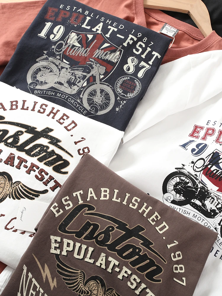 2025 Summer New American Retro Short Sleeve O-neck Printed T-shirt Men's Fashion 100% Cotton Washed Brushed Cloth Casual Tops