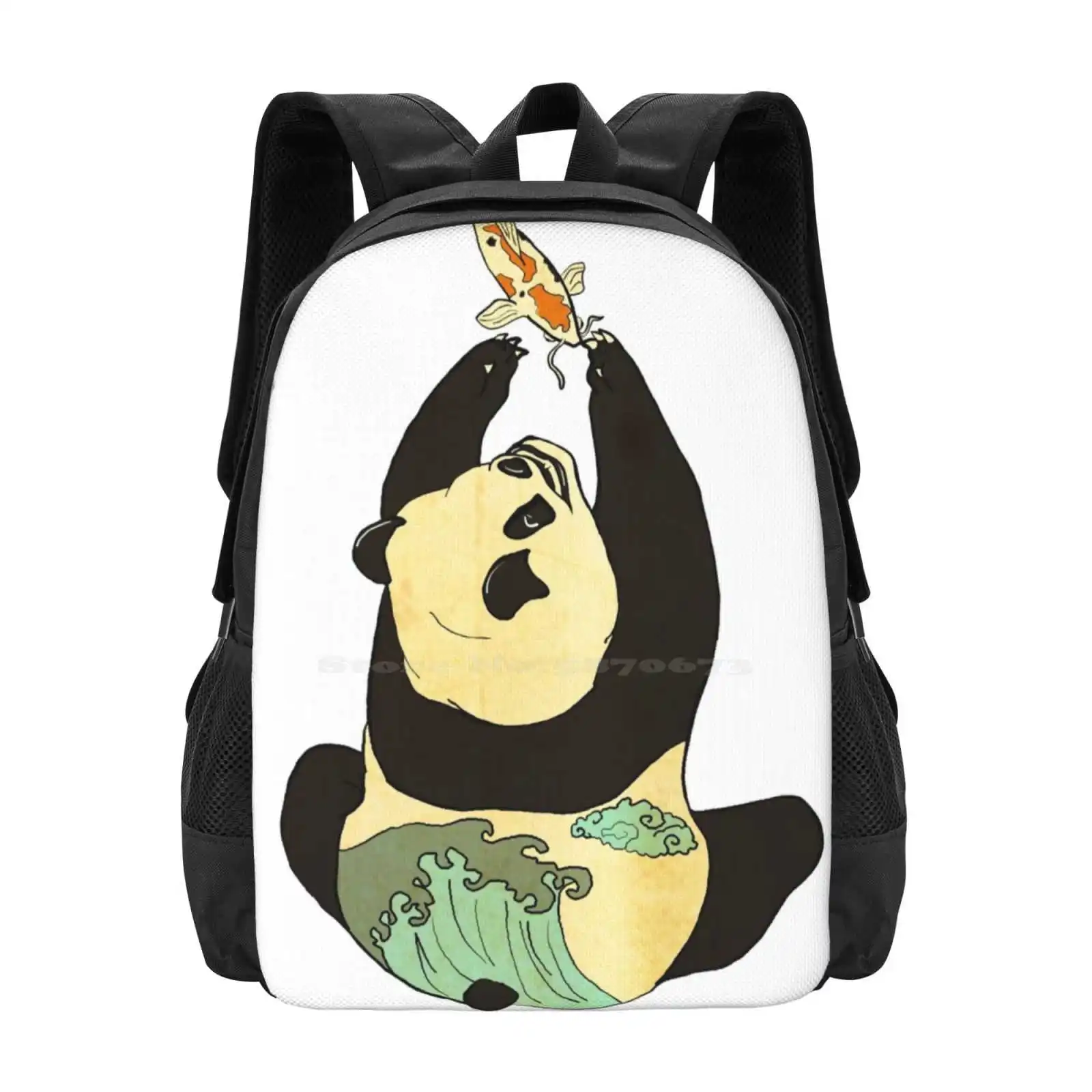 Life's A Fish Pattern Design Bag Student's Backpack Bear Cloud Fish Japanese Koi Panda Ukiyo