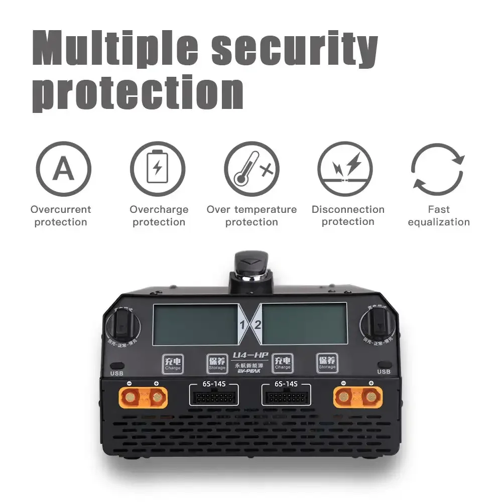 شاحن ذكي EV-Peak U4-HP ثنائي القناة لبطارية Lipo / Lihv 6s-14s بقدرة 2500 وات/ 25 أمبير زراعية