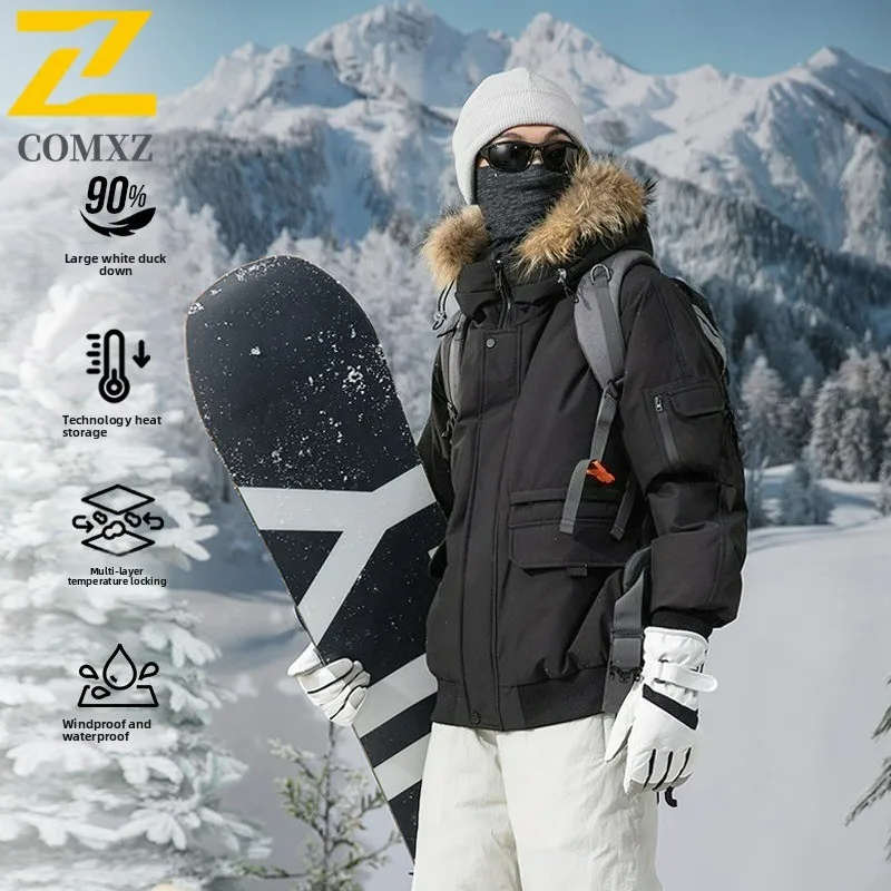 高級メンズダウンジャケット毛皮の襟フード付き屋外スキー厚い暖かいパッド入りジャケットプレミアムキャンプ耐寒冬コート
