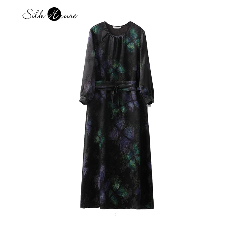 

Heavy Satin 100% Natural Mulberry Silk Gambiered Guangdong Gauze New Chinese Style Buckle Women's Round Neck Long Sleeved Dress