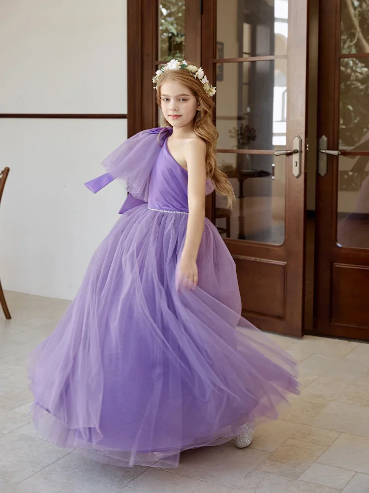 Sukienka dla dziewczynki na wesele, tiulowa, z koralikami, na jedno ramię, z kokardą, do ziemi, sukienka księżniczki, sukienki na przyjęcie urodzinowe dla dzieci, szyte na miarę.