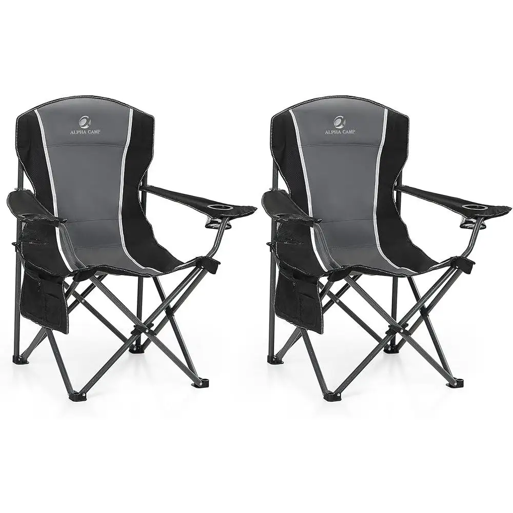 كرسي تخييم كبير الحجم قابل للطي إطار فولاذي عالي التحمل يدعم مساند للذراعين مبطنة قابلة للطي بوزن 350 رطلًا مع حاملات أكواب و