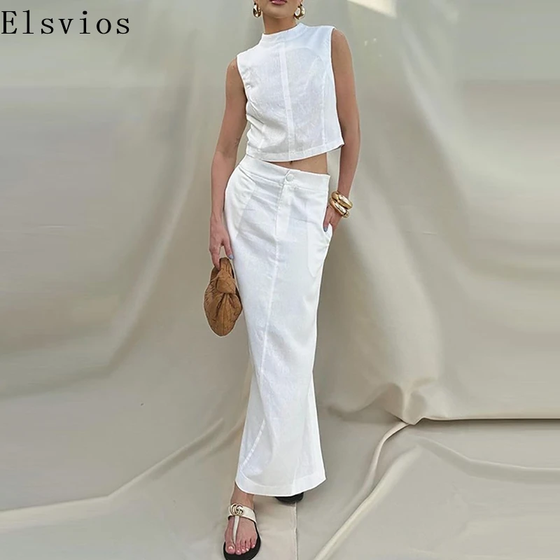 

Women Elegant Solid Loose 2Pc Outfits Cotton Linen Sleeveless Commuter Suits Fashion O-neck Stand Collar Top & Split Skirts Sets