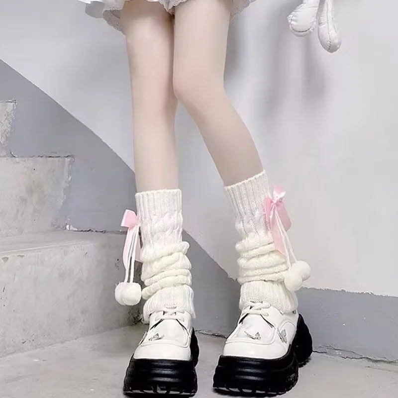 White hairball socks cover women's autumn and winter jk leg cover thickened warm Lolita pink bow stacked socks