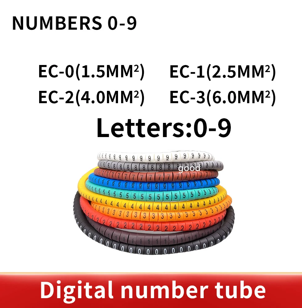500PCS EC-0,EC-1,EC-2, EC-3 Size 6 sqmm Colored Cable Wire Marker 0 to 9 For Cable